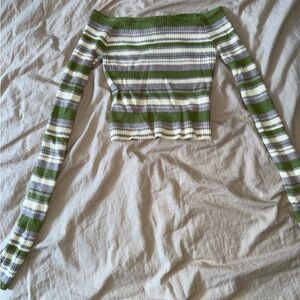 Fashion Nova Green and White Ribbed Crop Blouse